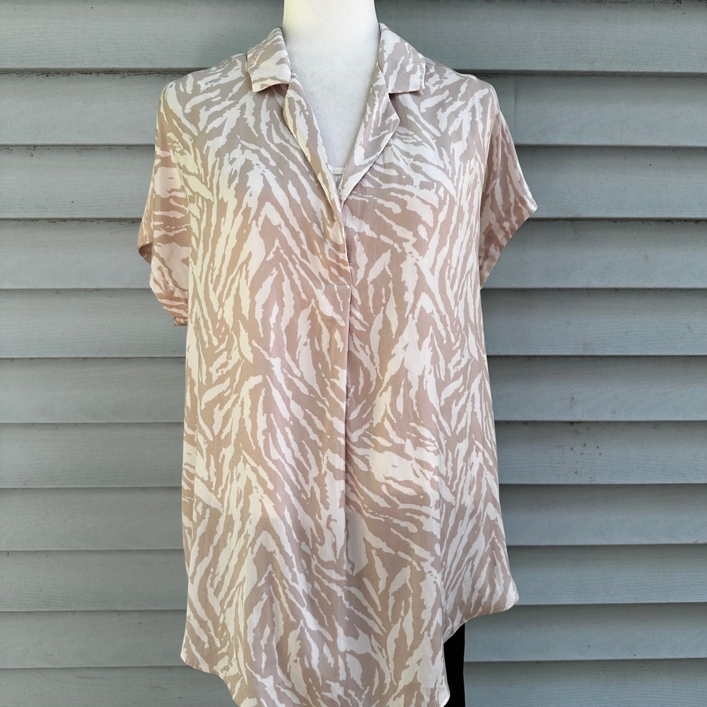 Joie Women's Beige‎ Tiger Stripe Short Sleeve V Neck Bohemian Tunic Top L